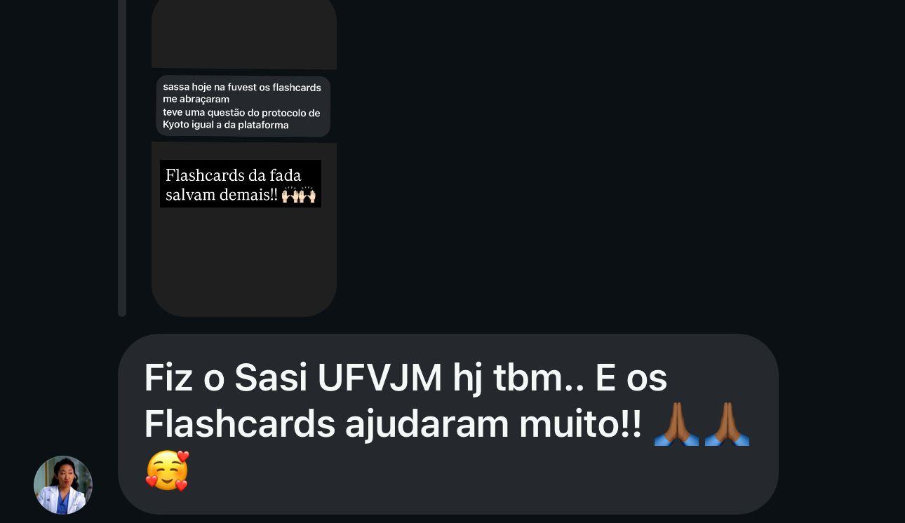 Relato de estudante dizendo que os flashcards ajudaram muito no SASI da UFVJM